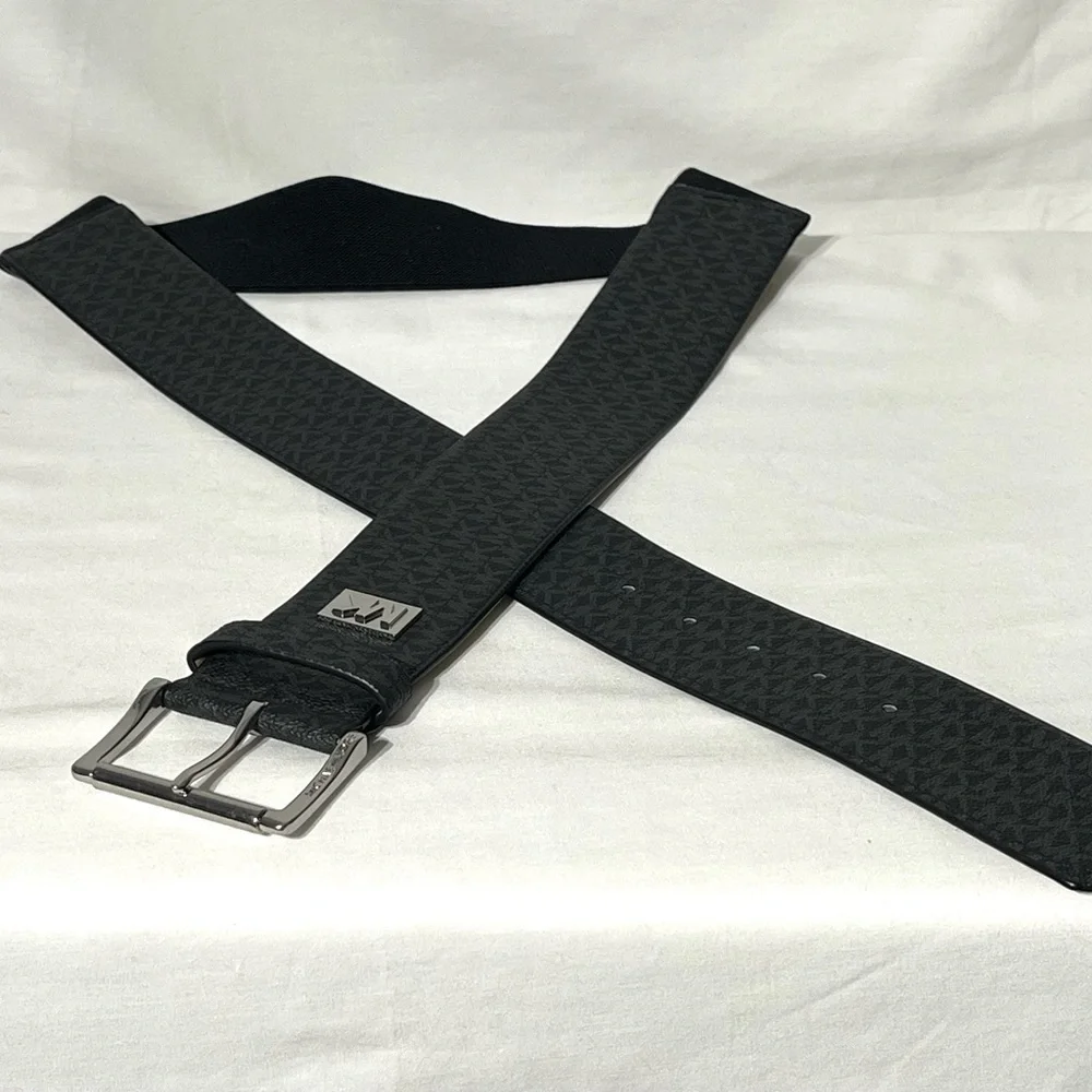 MICHAEL KORS Signature Wide Elastic Belt Black Gray Logo Brand